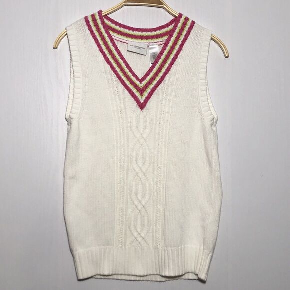 Liz Claiborne Sweater Vest Womens Medium White Pink Tennis V-Neck Cable Knit - Picture 1 of 10